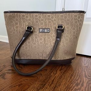 CALVIN KLEIN Brown Monogram Logo Shoulder Tote Laptop Bag